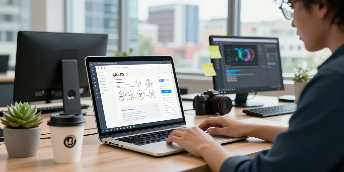 Dynamic workspace highlighting Cika4D software on a laptop amid modern tech elements