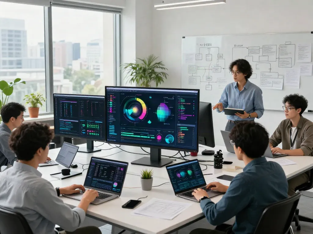 A collaborative AI training data workspace featuring a diverse team engaged in data analysis and visualization discussions with elements representing the dataset finder concept.