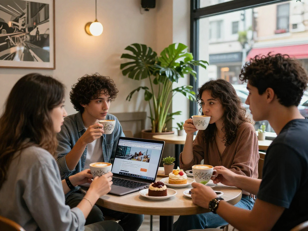 Friends gathered at a café discussing ideas while exploring rokok88 on a laptop screen.