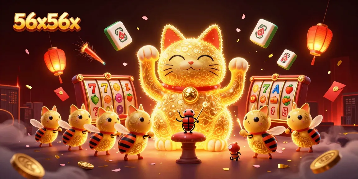 Ilustração 3D vibrante de 56x56x com um gato da sorte formado por vaga-lumes, trazendo alegria aos jogadores em um cassino.