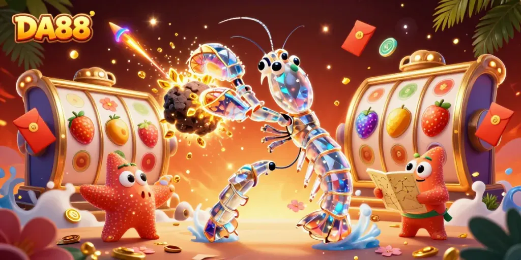 Engage with the excitement of DA88 as the galactic samurai destroys asteroids amidst vibrant casino symbols and treasures.