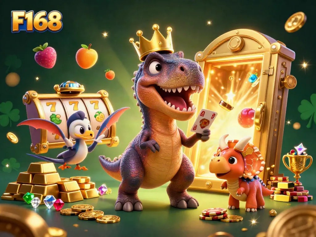Engage with thrilling F168 online slots featuring a lively T-Rex and vibrant casino elements.