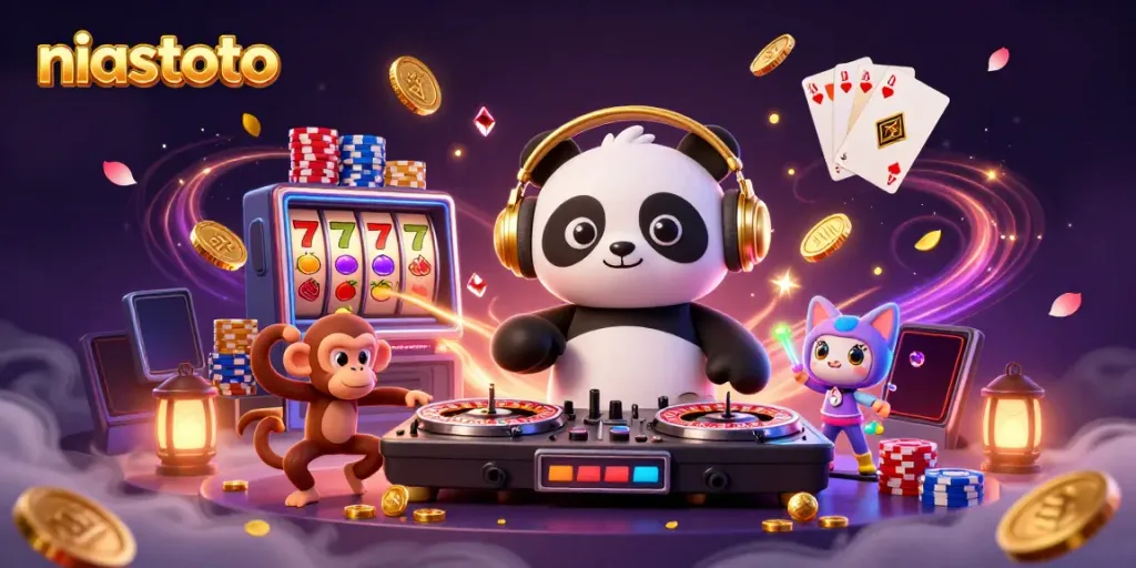 NiaStoto showcases a vibrant casino scene with a DJ panda, dancing monkey, and party kitten surrounded by slot reels and colorful chips.