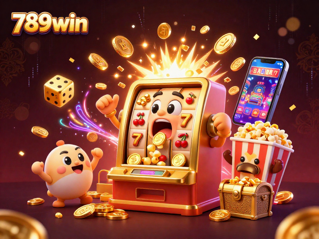 Spin the reels of 789win's exciting jackpot game, surrounded by vivid casino symbols and bursting coins.