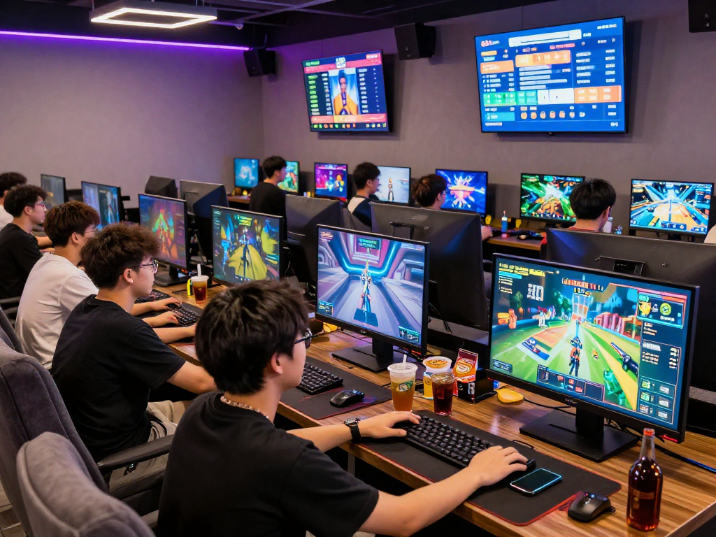 Pengguna bos88 bermain permainan kasino di ruang gaming modern dengan suasana ceria.