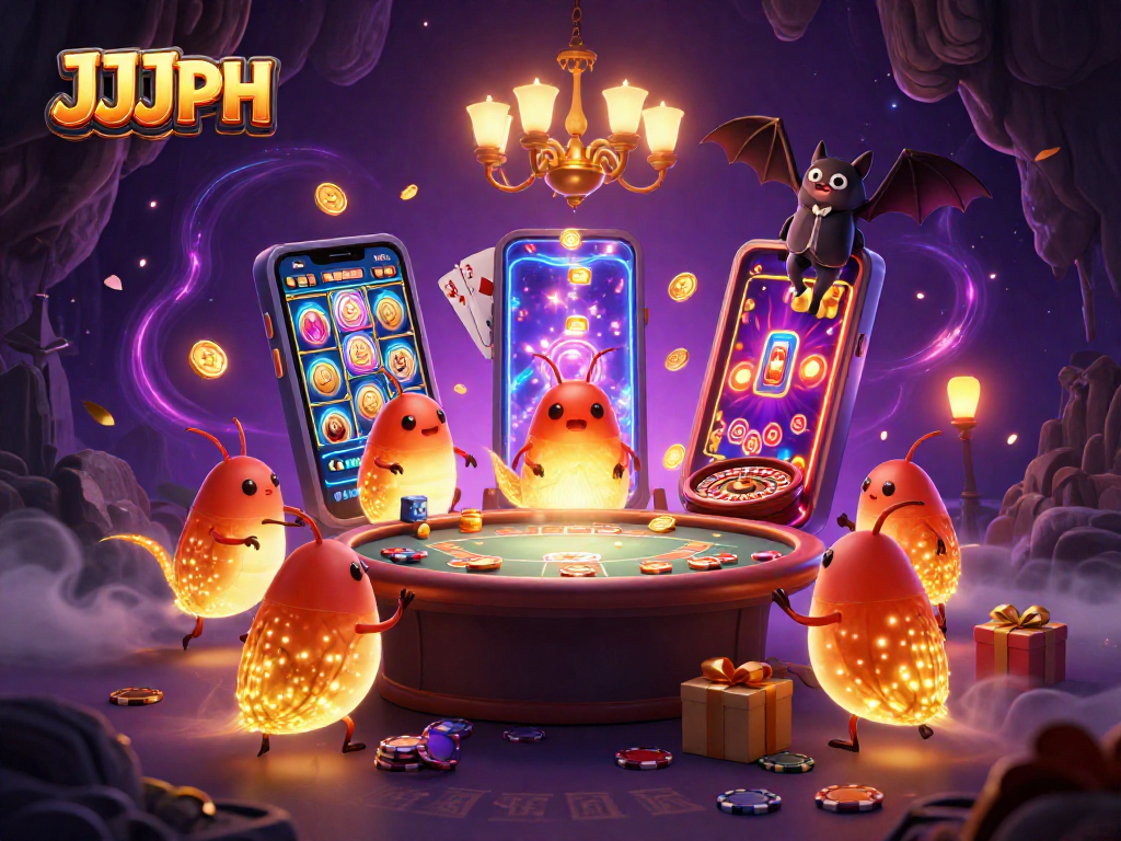 Experience JJJPH's vibrant cave casino with glowworms and dynamic slot action.