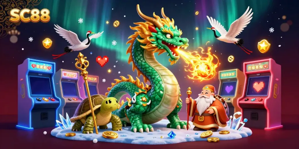 Experience the thrilling energy of SC88 with a vibrant 3D scene featuring a jade dragon and lucky cranes amidst casino elements.