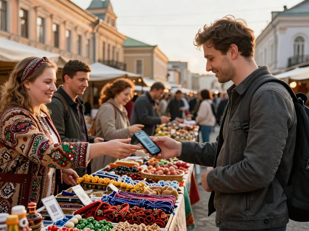 Pengembara menggunakan https://payinrussia.com/ untuk membuat pembayaran di pasar tempatan Rusia.