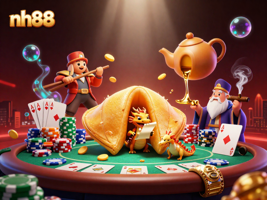 Experience the thrill of winning at nh88 with this vibrant casino-themed illustration featuring dynamic poker elements.