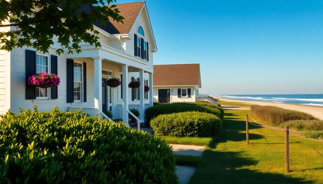 Explore the charming cape cod home with lush landscaping in a sunny coastal setting.