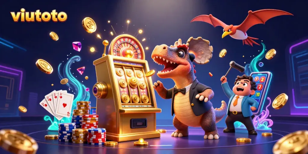 viutoto menarik jackpot dengan dinosaurus di mesin slot berkilauan