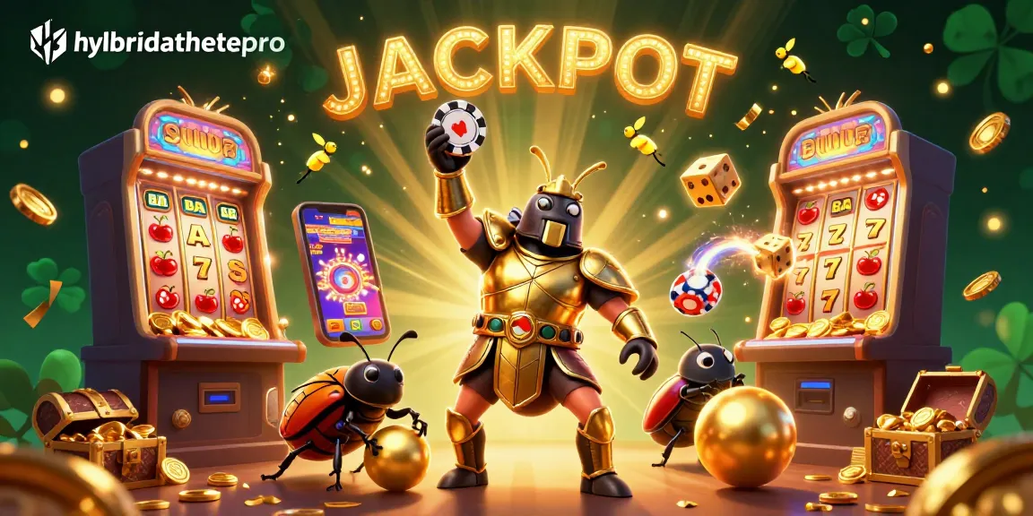 Win big with hybridathletepro as cartoon heroes celebrate a jackpot amidst vibrant casino symbols.