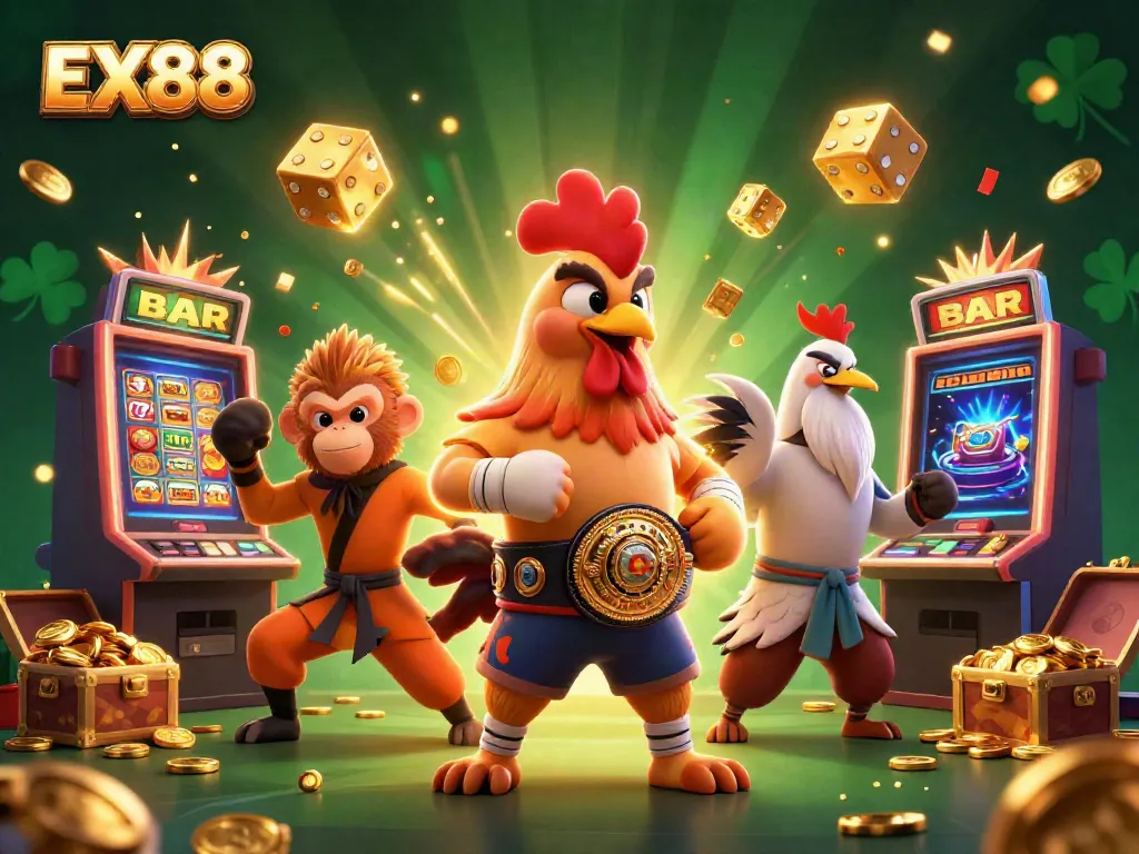 Experience the excitement of EX88 with a vibrant 3D casino illustration showcasing dynamic characters and gaming elements.