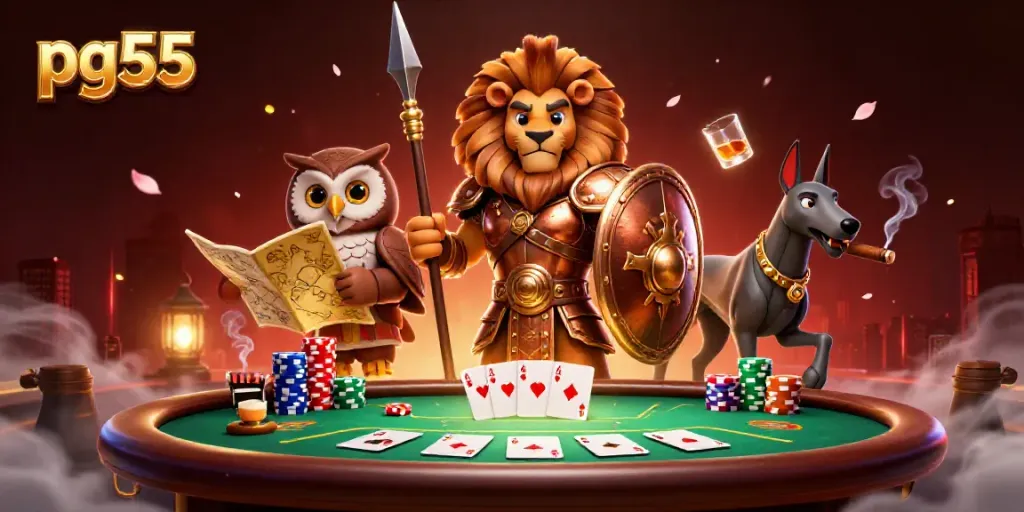 Engage with pg55 poker strategy at an exciting casino scene featuring dynamic characters and rich game elements.
