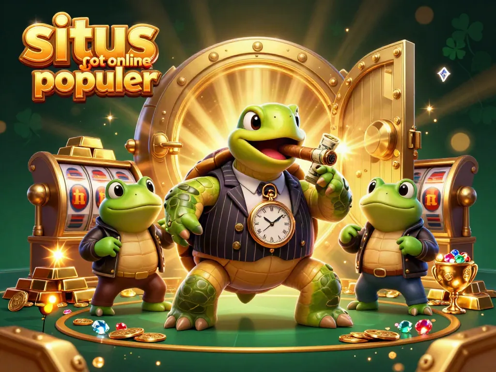 Ilustrasi kasino 3D menampilkan spesies penyu dan katak, menggambarkan keseruan situs slot online populer.