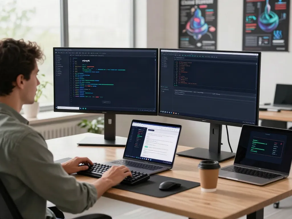 Developer configuring v2rayN on dual monitors in a modern workspace.
