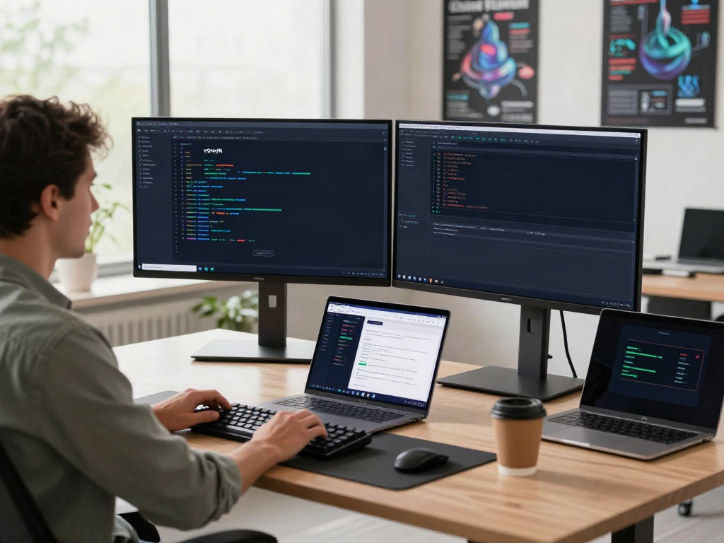 Developer configuring v2rayN on dual monitors in a modern workspace.