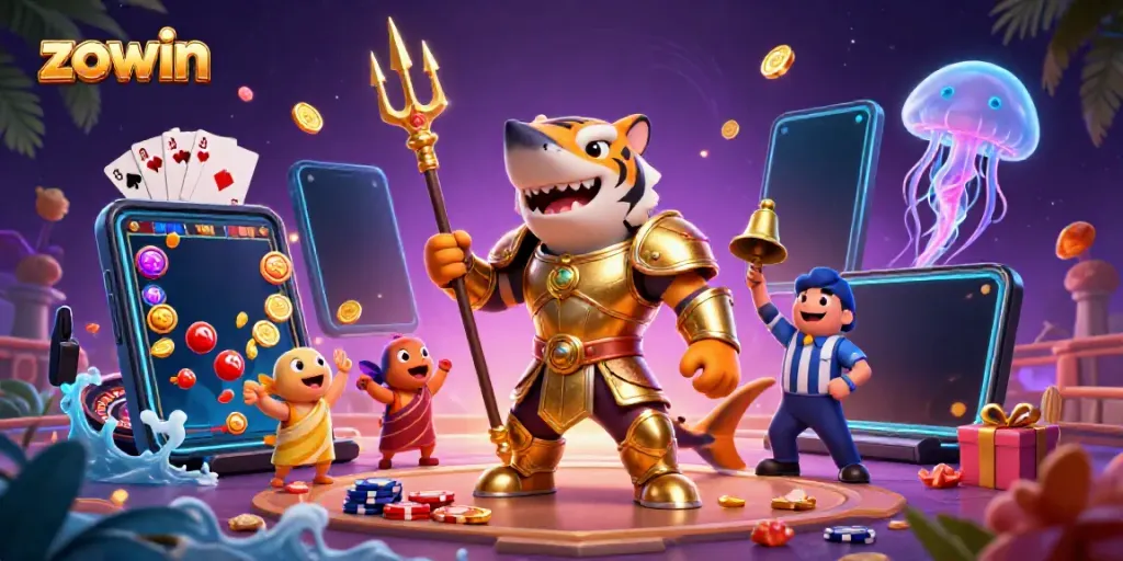 Zowin's vibrant underwater casino featuring a shark in armor, slot games, and cheering fish.