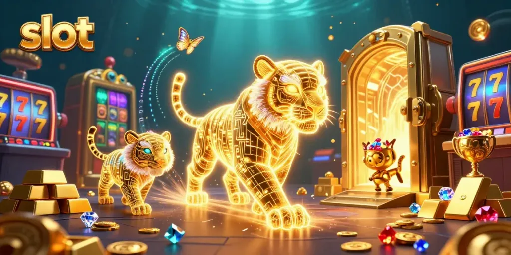 Experience thrilling slot gameplay with a glowing golden tiger in a digital casino.
