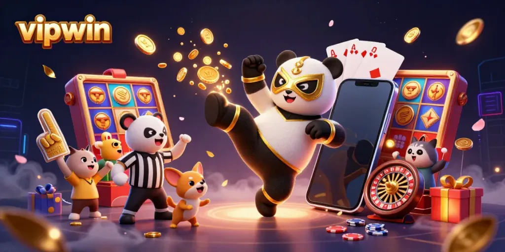 Engaging vipwin illustration showcasing a panda wrestler, chihuahua referee, and animated slot game elements.