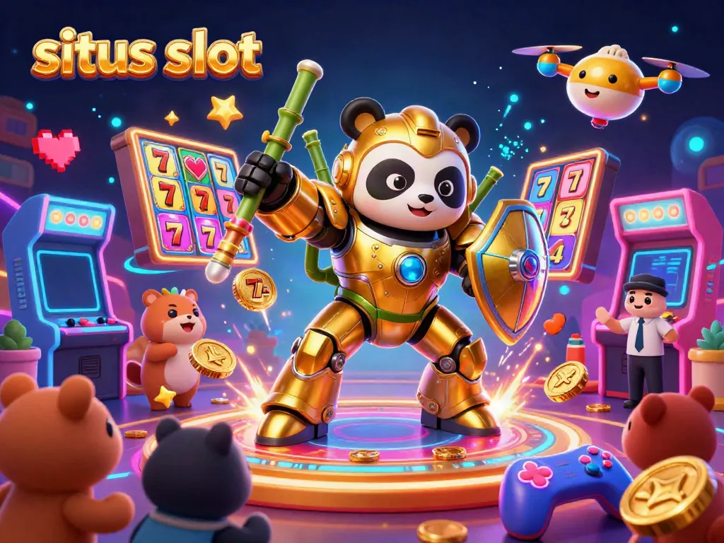 Experience thrilling gameplay at situs slot with a mech-suit panda and vibrant casino elements.