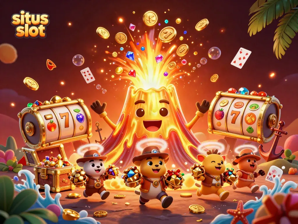 Situs slot illustration showcasing a golden volcano erupting treasure and slot game elements with vibrant colors.
