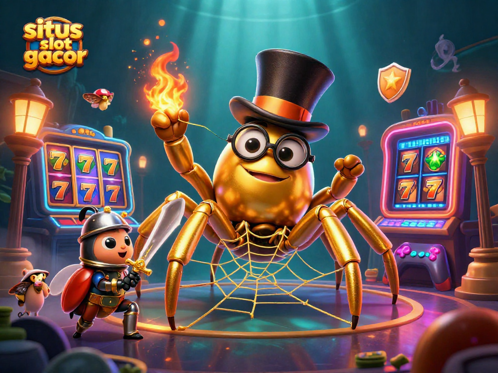Experience the thrill of situs slot gacor with a giant golden tarantula weaving gold threads in a lively casino atmosphere.