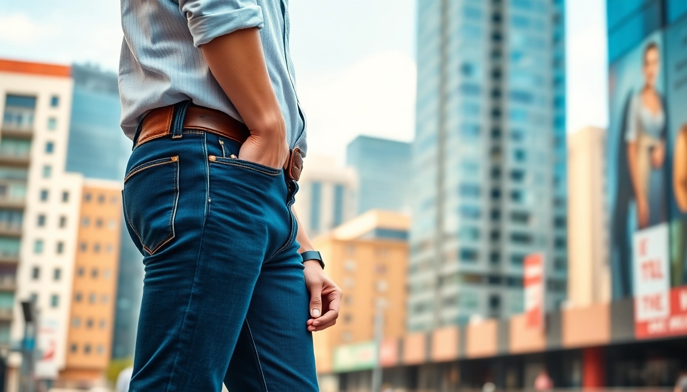 Model showcasing mens slim fit jeans with urban backdrop, highlighting fit and style.