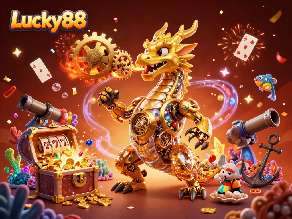 Experience thrilling games at Lucky88 with a golden mechanical dragon in a vibrant casino atmosphere.