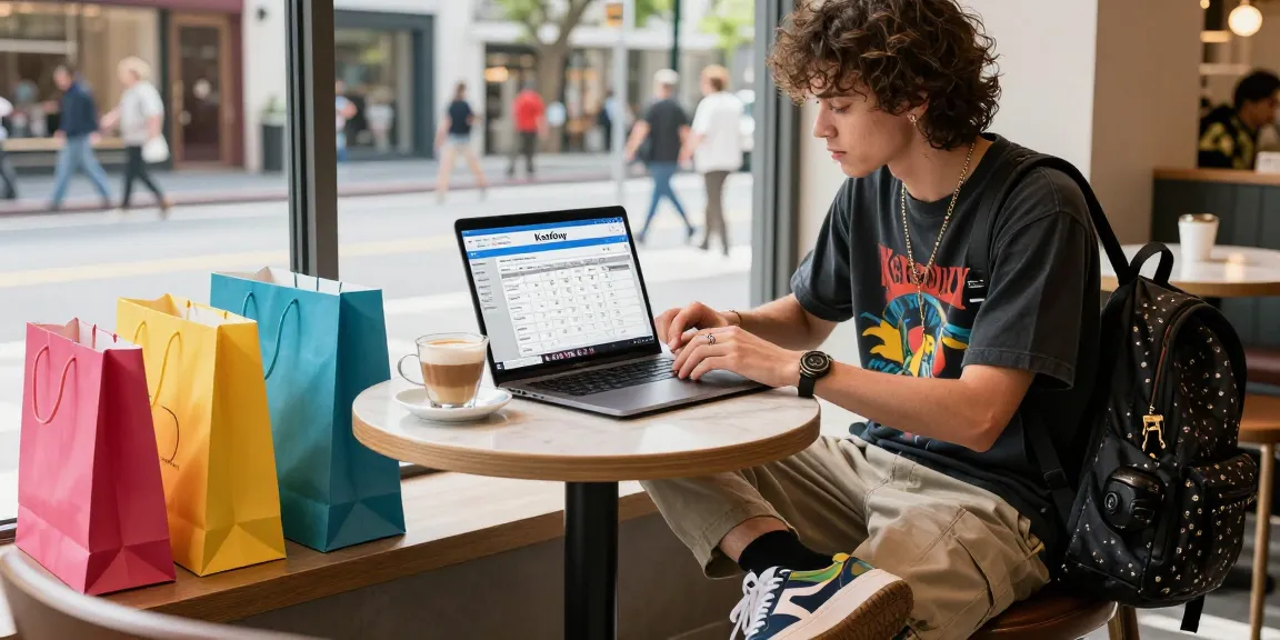 Individual reviewing the Kakobuy spreadsheet in a trendy café, showcasing a stylish urban lifestyle with shopping bags.