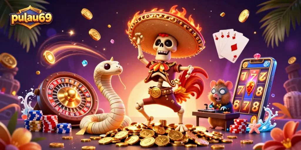 Experience pulau69 with an exhilarating casino scene featuring vibrant characters and dynamic game elements.