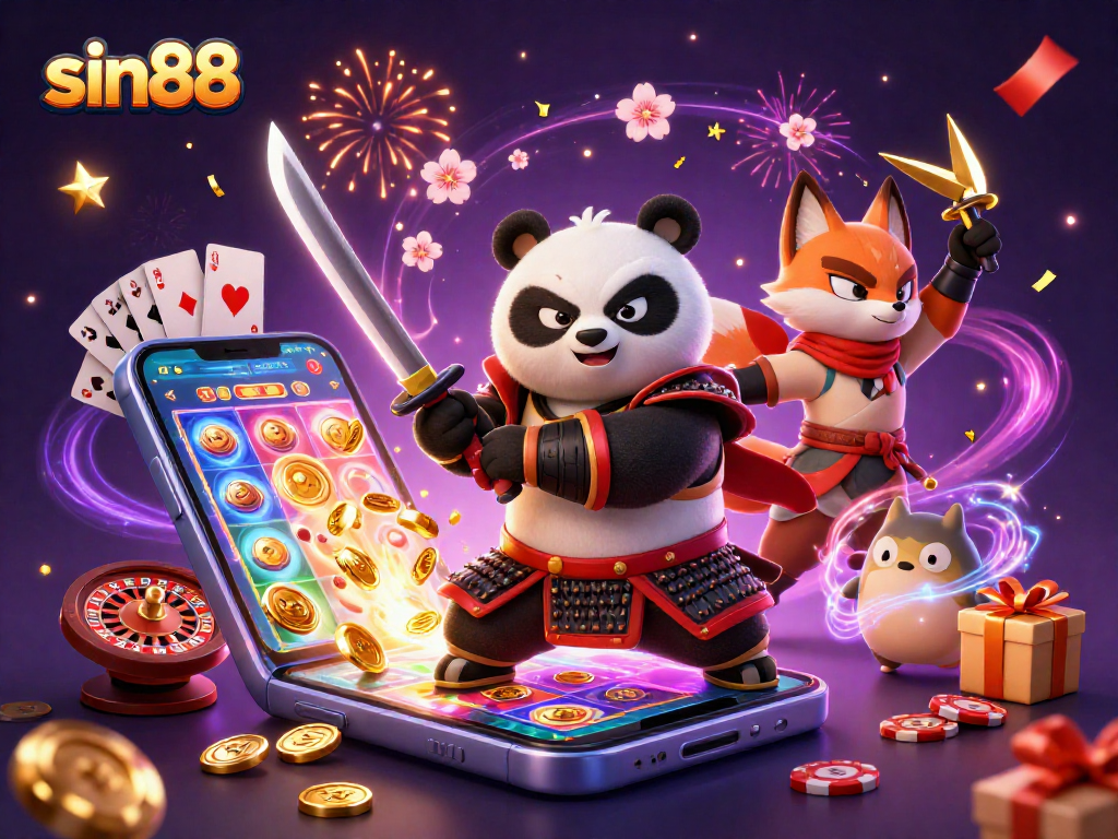 Experience thrilling action with sin88's vibrant 3D casino illustration featuring playful characters and dynamic casino elements.