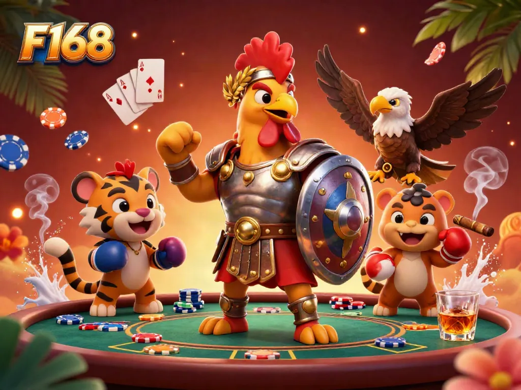 Engage in the world of F168 gaming with a dynamic 3D illustration of a rooster gladiator in a casino setting.