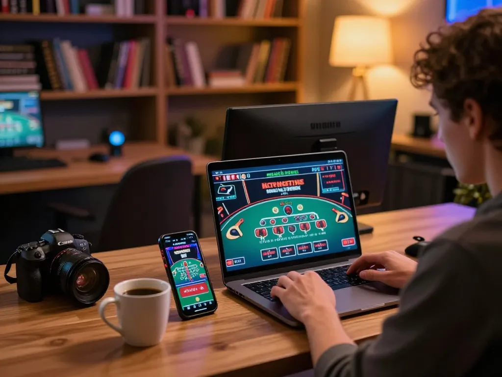 Engaging online gambler analyzing strategies at home using a laptop and smartphone for Agen Casino Online.
