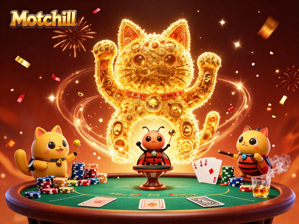 Experience the fun of Motchill with a vibrant lucky cat and dynamic casino elements in this thrilling 3D illustration.
