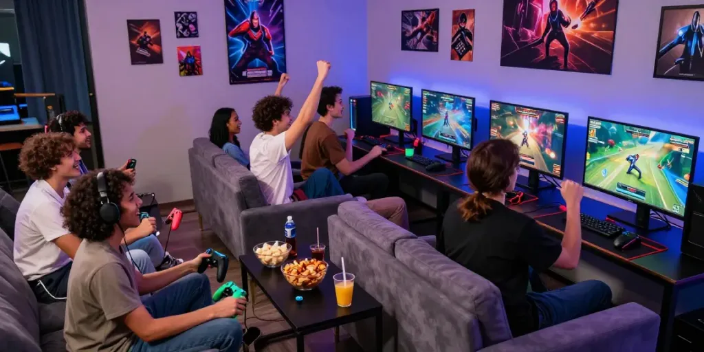 Friends playing qqmacan multiplayer games together with vibrant gaming setup.