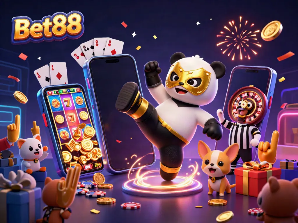 Experience Bet88 with a dynamic scene featuring a panda wrestler, casino game elements, and excited animal fans.