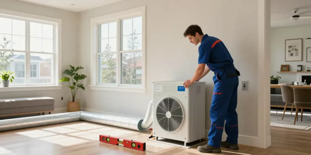 Experienced technician performing a furnace install in Calgary's modern home with tools and bright interior.