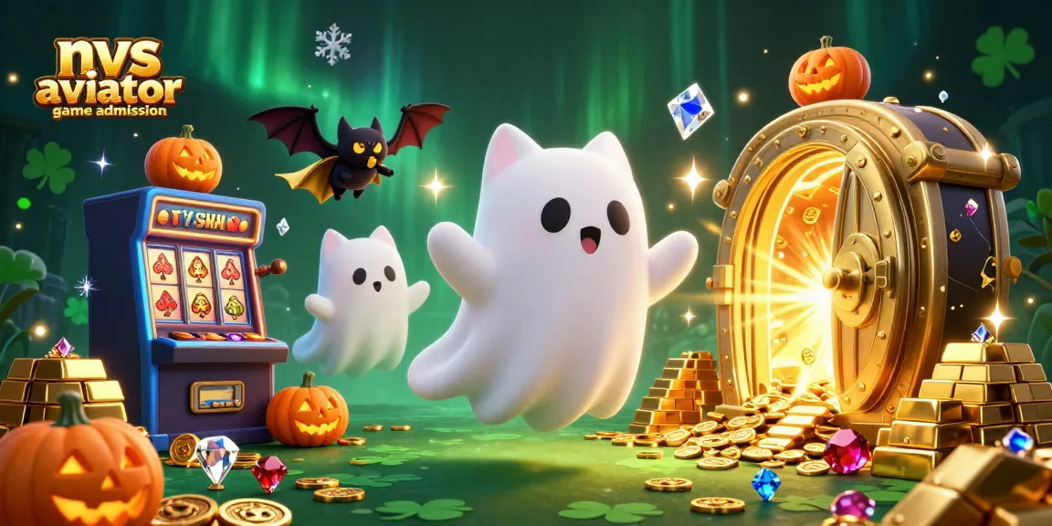 Win big with the nvs aviator game admission illustration featuring a 3D cartoon ghost cat and vibrant casino elements.