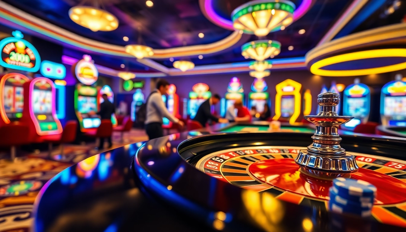Aksi taruhan situs toto dengan pemain di meja roulette dan mesin slot berwarna-warni.