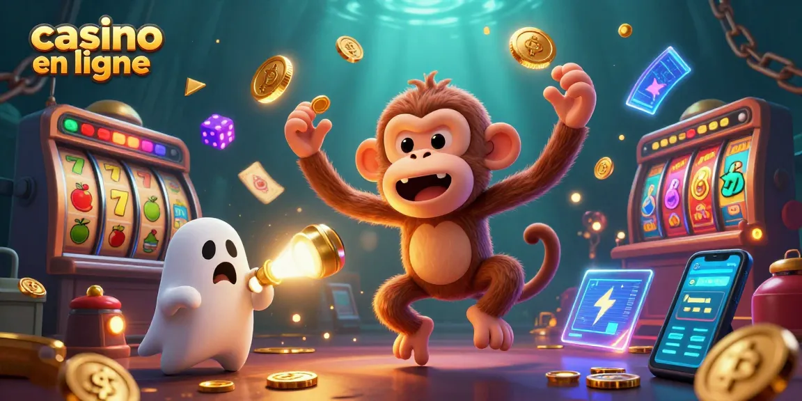Jouez à des jeux de casino en ligne avec une illustration dynamique d'un poltergeist singe et un chiot chasseur de fantômes.