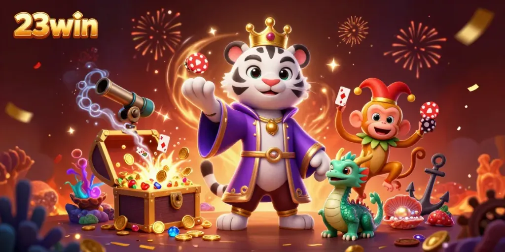 Experience the thrill of 23win with a lively scene featuring a tiger, monkey, and jade dragon in a casino.