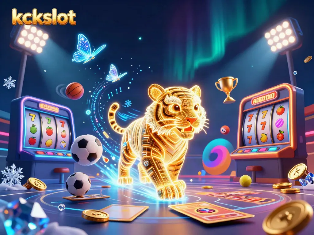 kckslot menghadirkan ilustrasi kasino digital penuh energi dengan harimau emas pejalan, simbol slot, dan efek visual menakjubkan.
