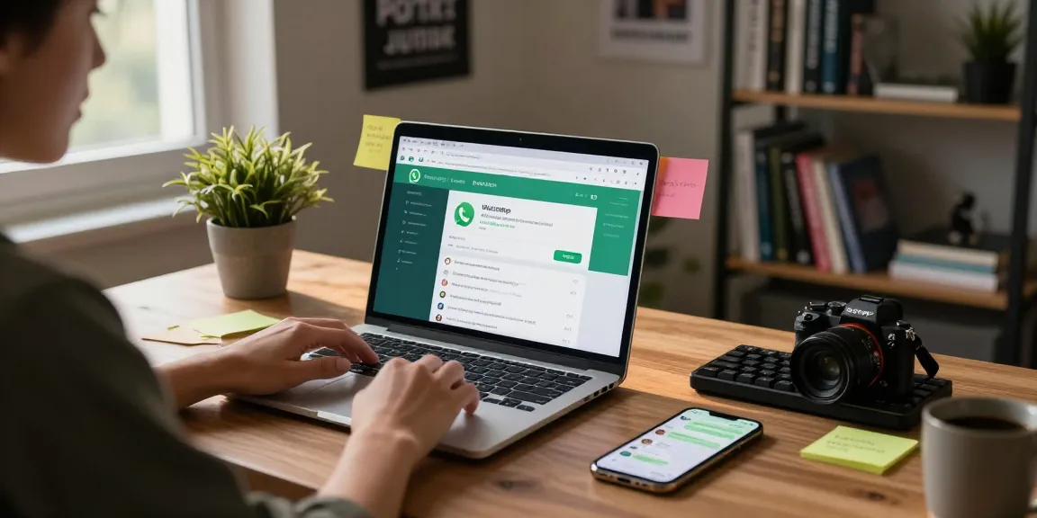 User engaging with WhatsApp網頁版 on a sleek laptop in a modern office setting, highlighting digital communication.