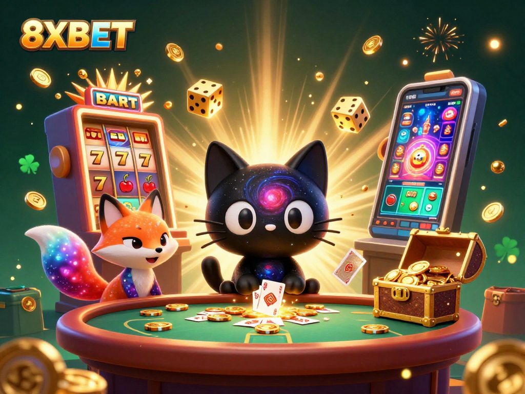 Experience thrilling gaming with 8XBET as the black hole cat pulls in chips alongside vibrant casino elements.