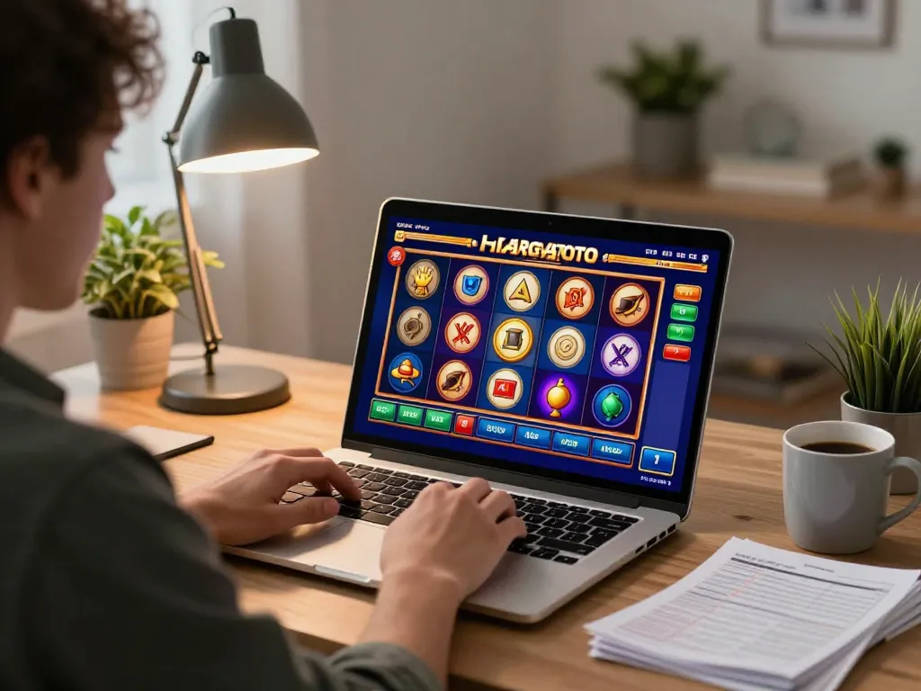 Player strategizing while spinning reels on link hargatoto online slots at home
