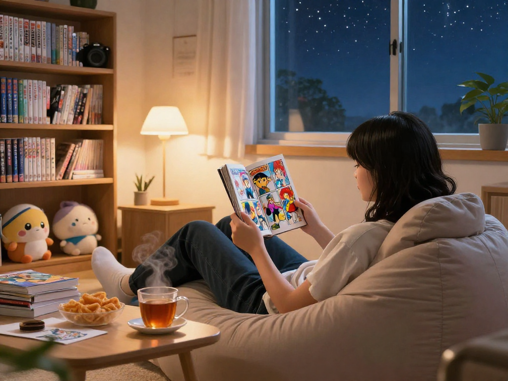 A cozy reading scene showcasing a person enjoying manga from https://hitomi-mangaraw01.com/ with vibrant illustrations and warm lighting.