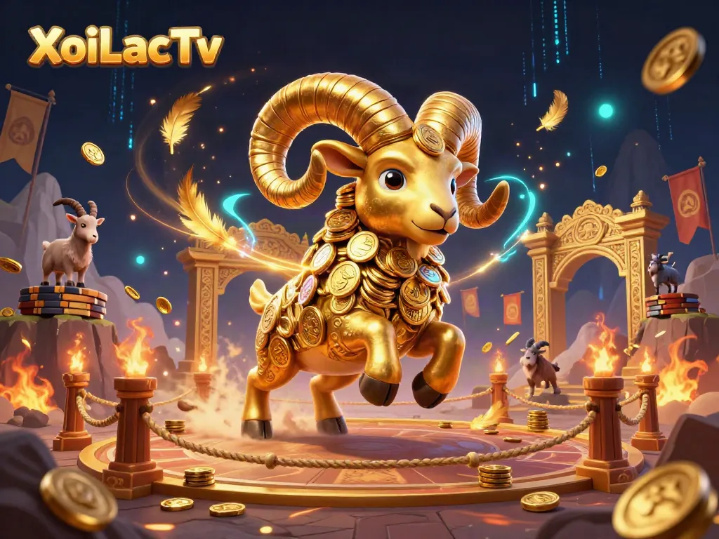 XoiLacTv showcases a powerful golden ram charging at a golden gate amidst a dynamic gambling arena.