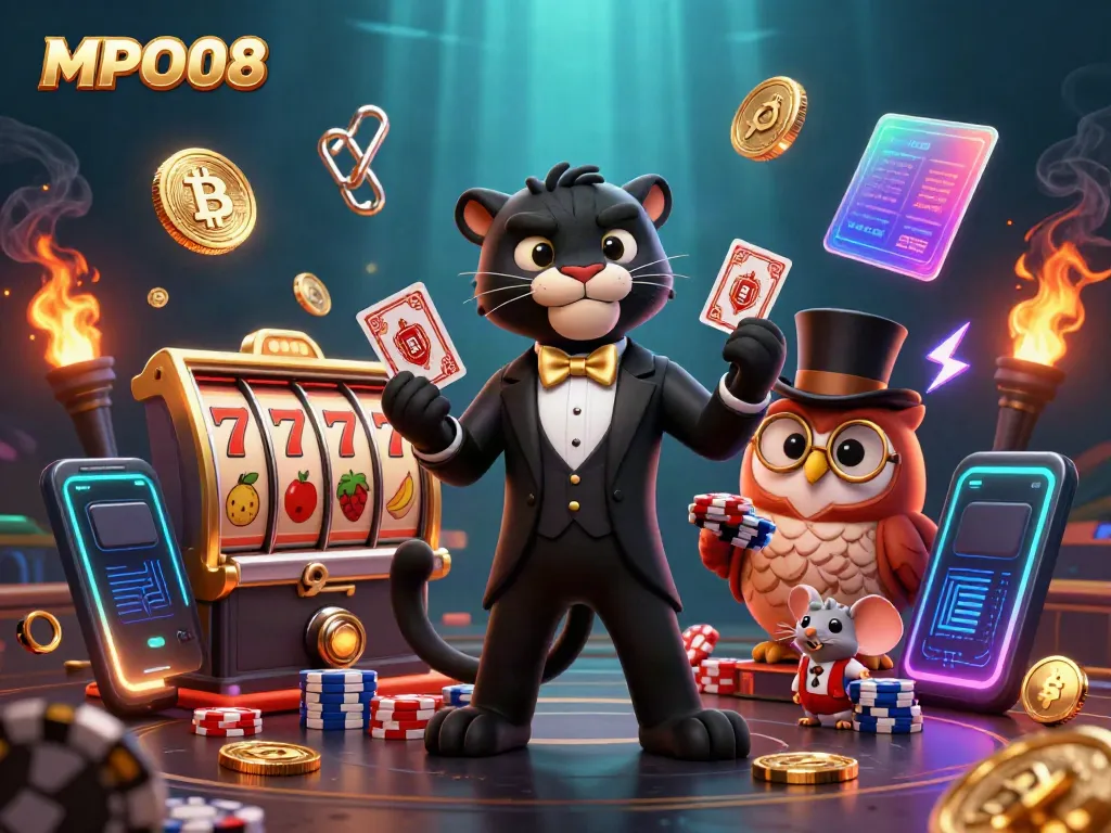 Engage with MPO08's exciting casino experience featuring a stylish panther dealer and slot game elements.