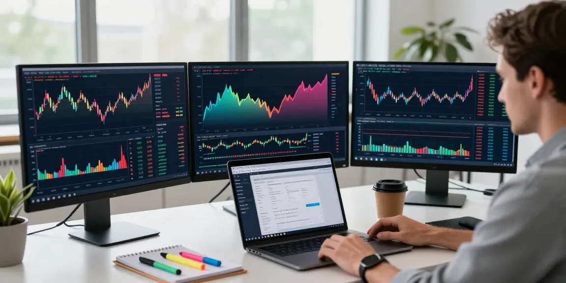 Trader using TradingView on multiple monitors in a professional workspace, focused and organized.